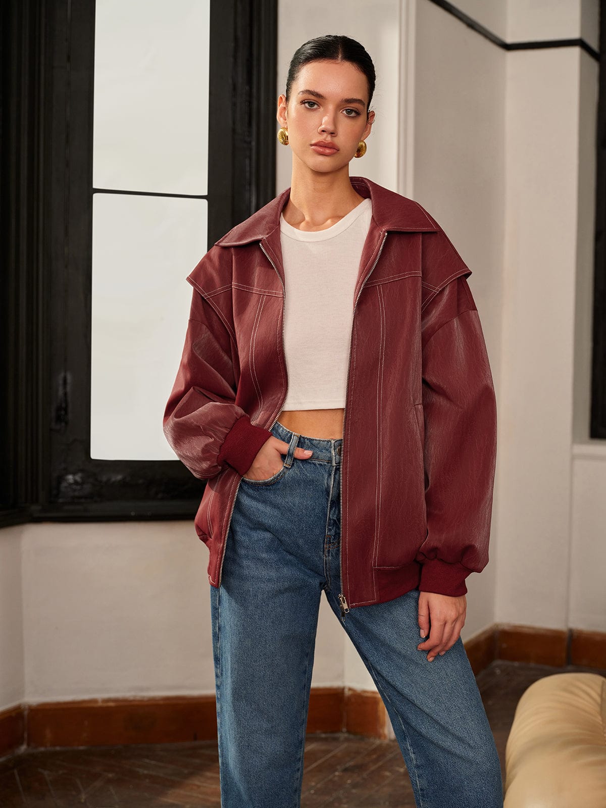 Damen Jacke Bordeauxrot Sportlich - Norvielle