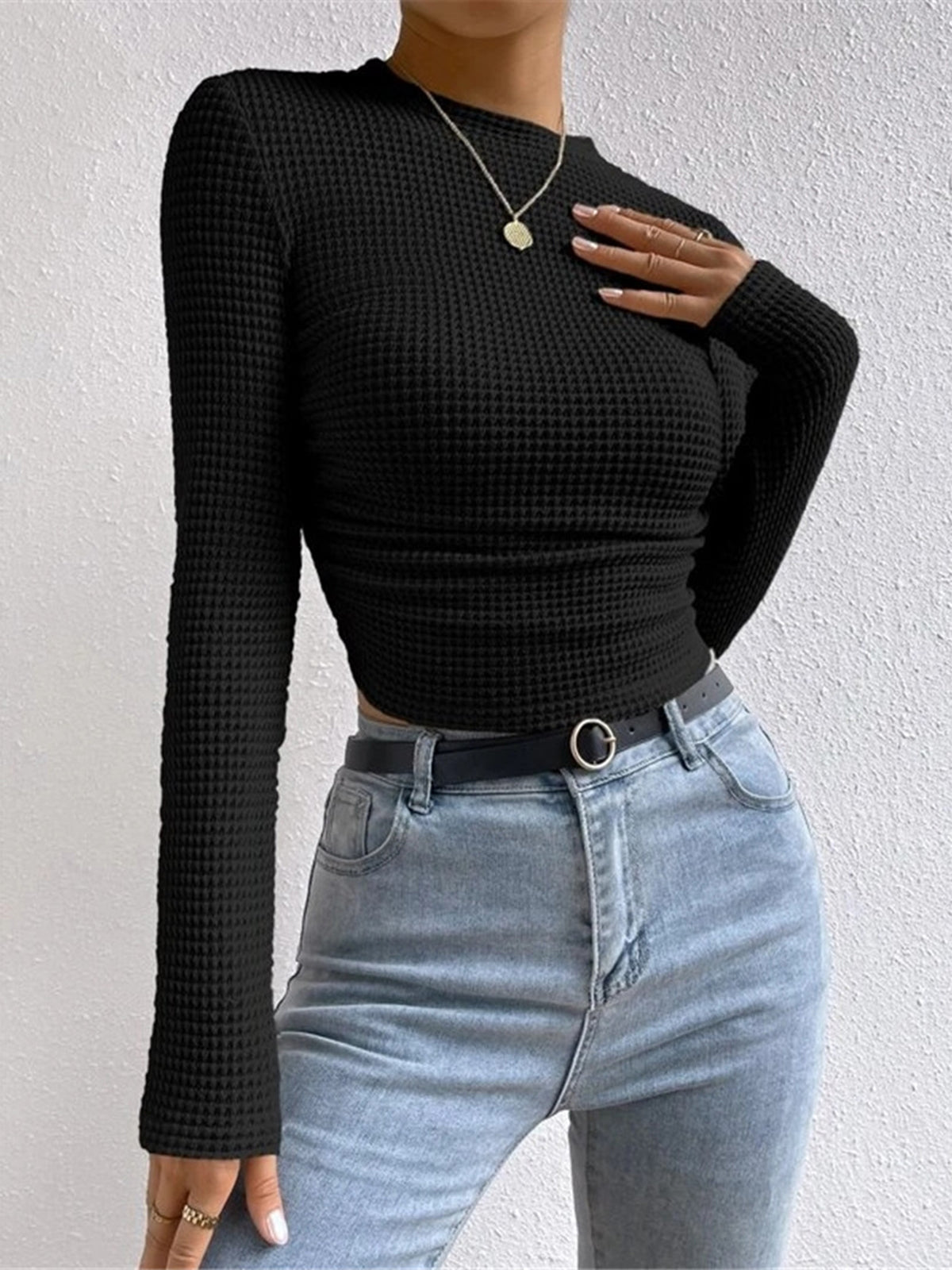Damen Langarm Crop- Waffelstrick