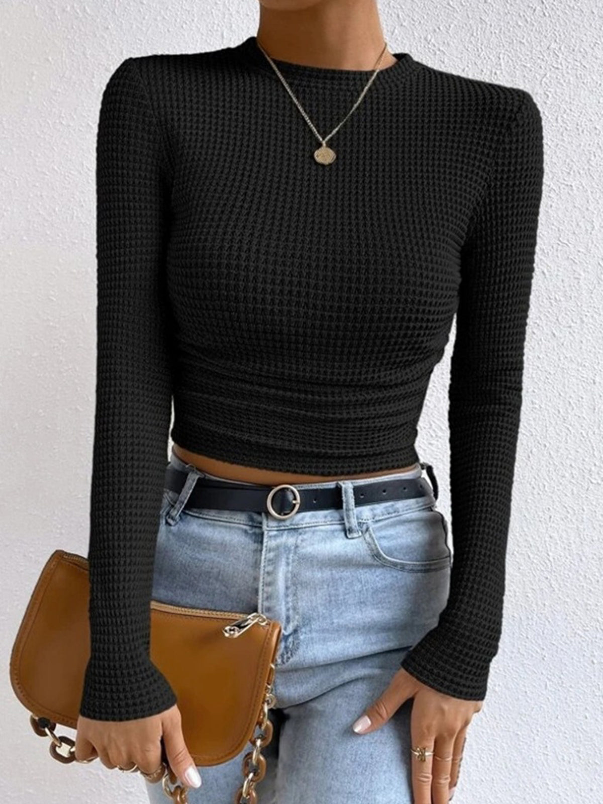 Damen Langarm Crop- Waffelstrick