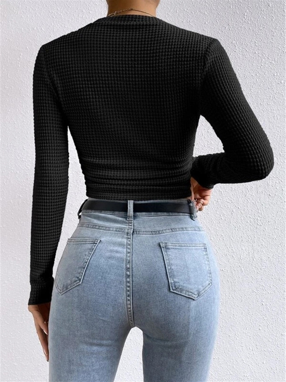 Damen Langarm Crop- Waffelstrick
