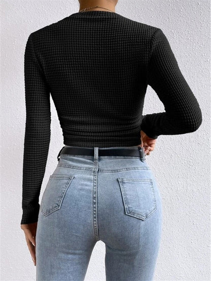 Damen Langarm Crop- Waffelstrick