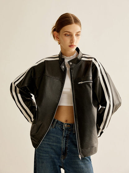 Schwarze Lederjacke Herren Kontraststreifen - Norvielle