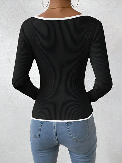 Damen Winterpullover Mit Kontrastbesatz V-Ausschnitt