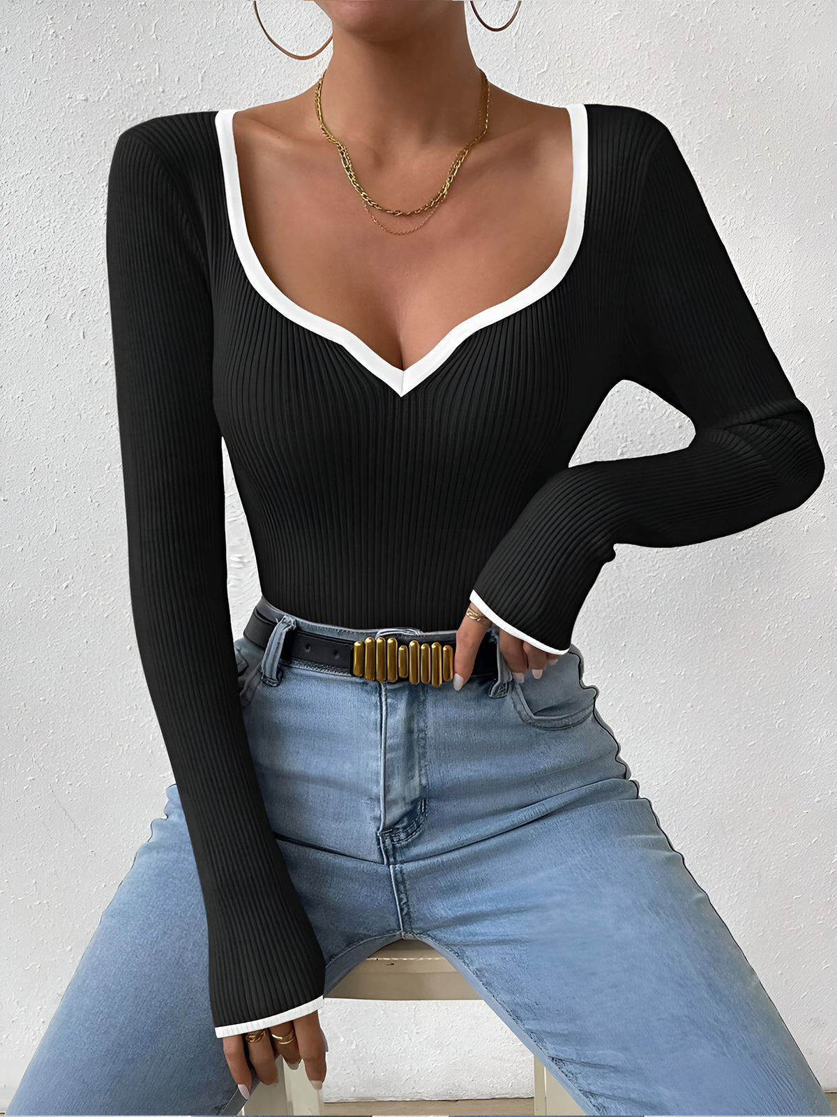 Damen Winterpullover Mit Kontrastbesatz V-Ausschnitt