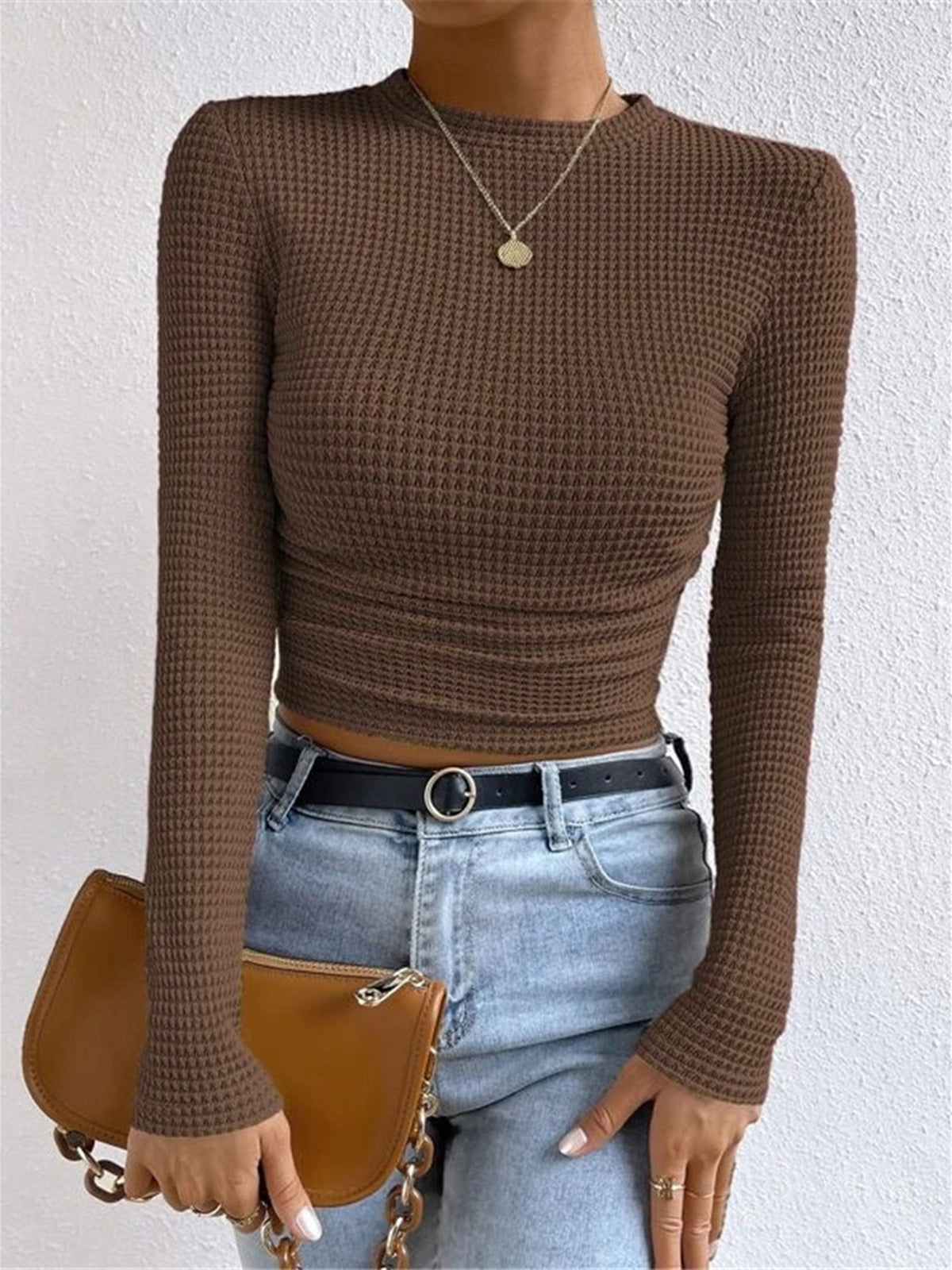Damen Langarm Crop- Waffelstrick