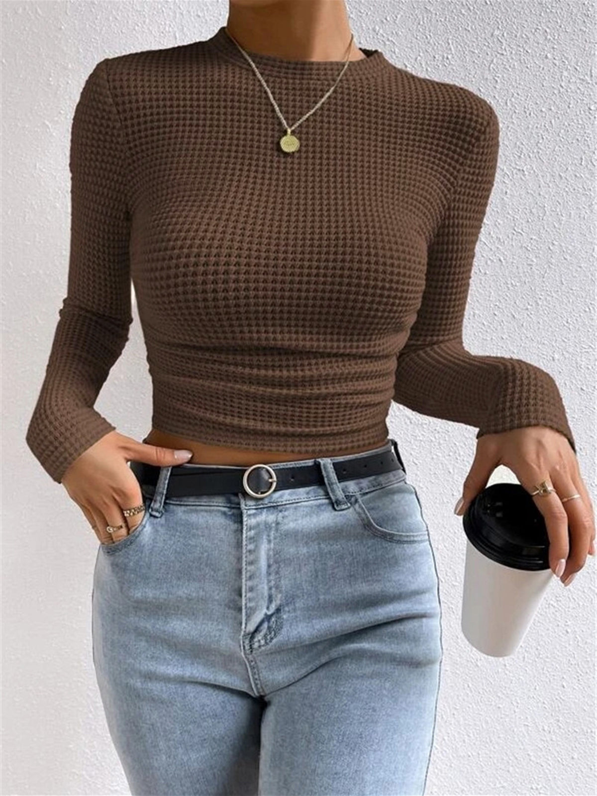 Damen Langarm Crop- Waffelstrick