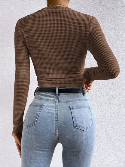 Damen Langarm Crop- Waffelstrick