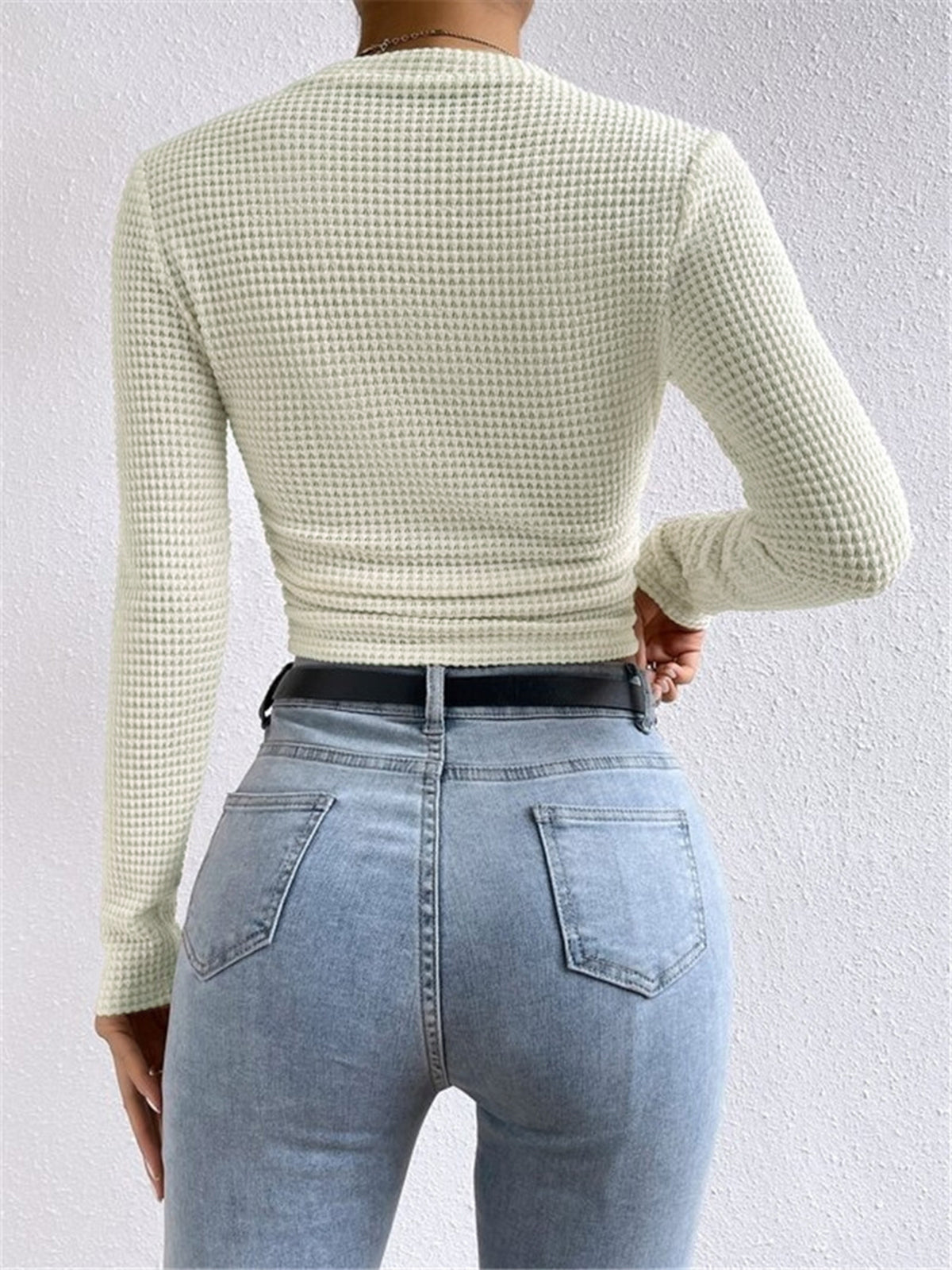 Damen Langarm Crop- Waffelstrick