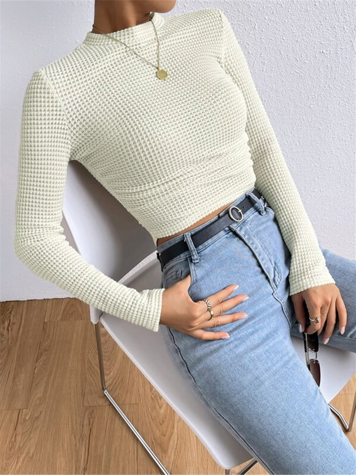 Damen Langarm Crop- Waffelstrick