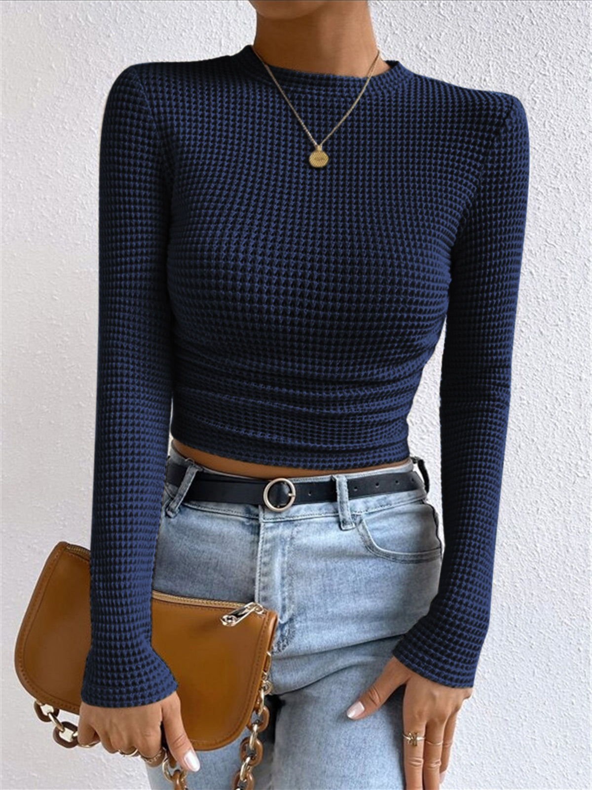 Damen Langarm Crop- Waffelstrick