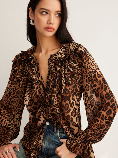 Damen Leopardenbluse Mit Rüschenkragen Sommer - Eveloria