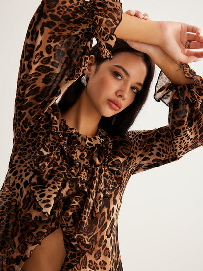 Damen Leopardenbluse Mit Rüschenkragen Sommer