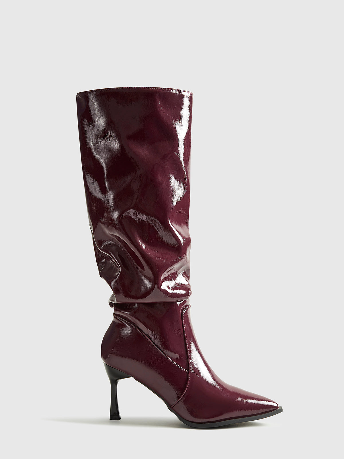 Damen Stiefel Kniehoch Spitz Absatz Glänzend Burgunderrot