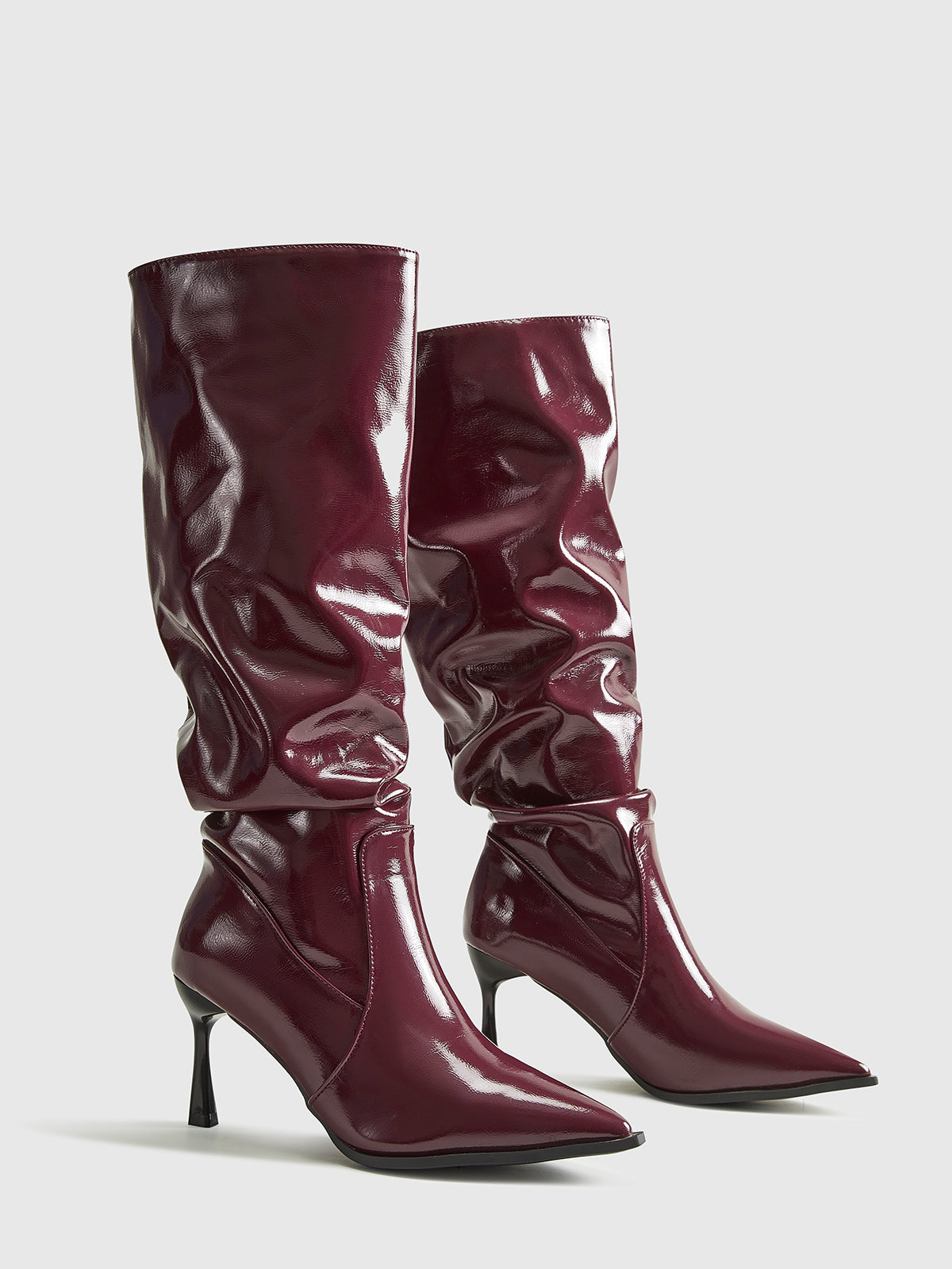 Damen Stiefel Kniehoch Spitz Absatz Glänzend Burgunderrot - Eveloria