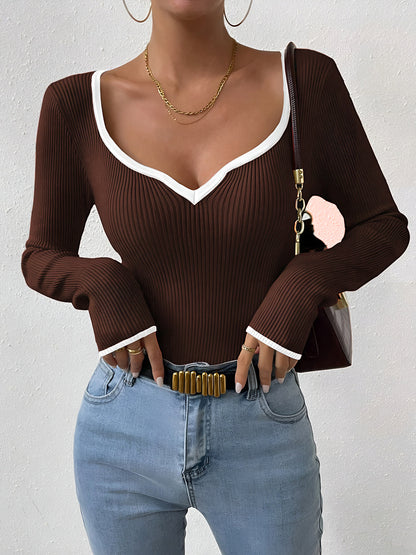 Damen Winterpullover Mit Kontrastbesatz V-Ausschnitt