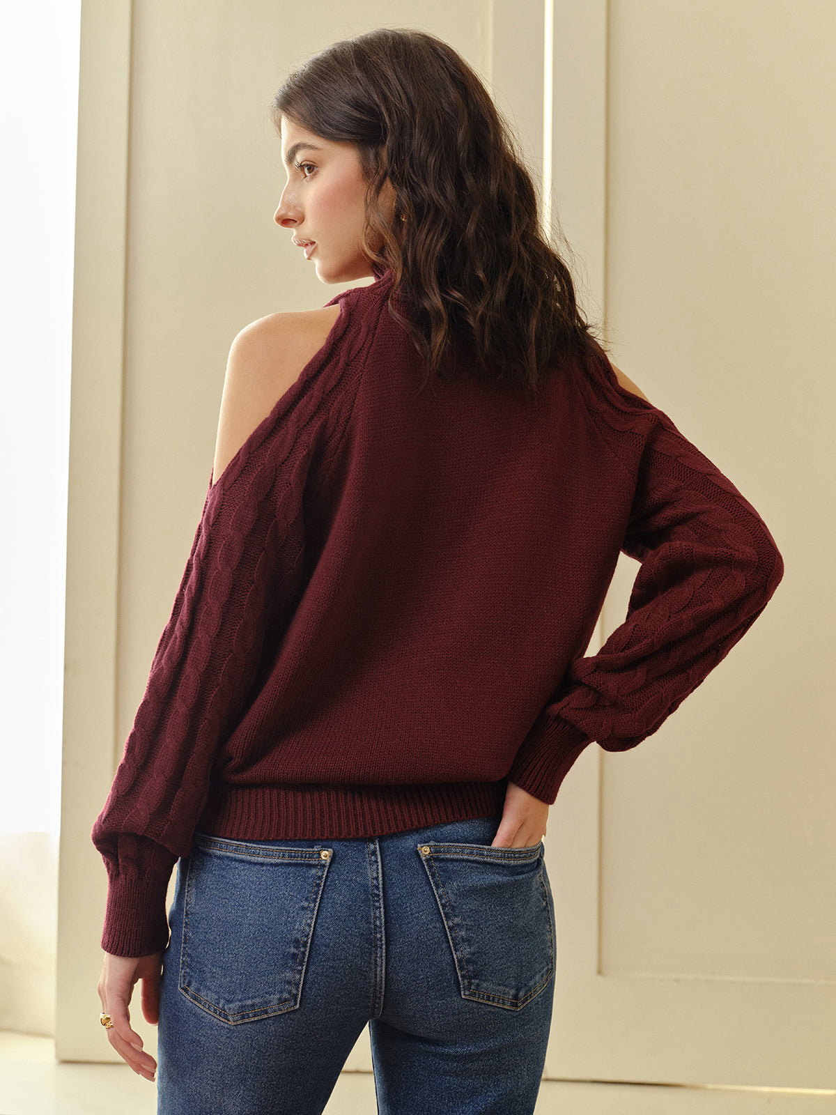 Damen Schulterfreier Karierter Pullover