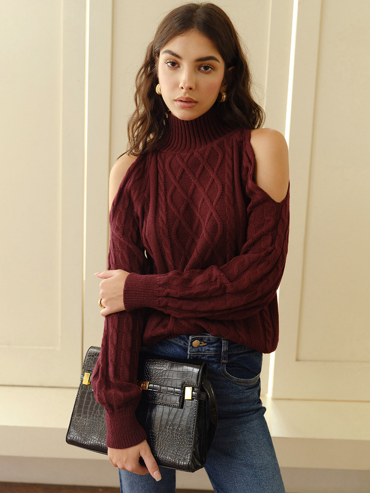 Damen Schulterfreier Karierter Pullover