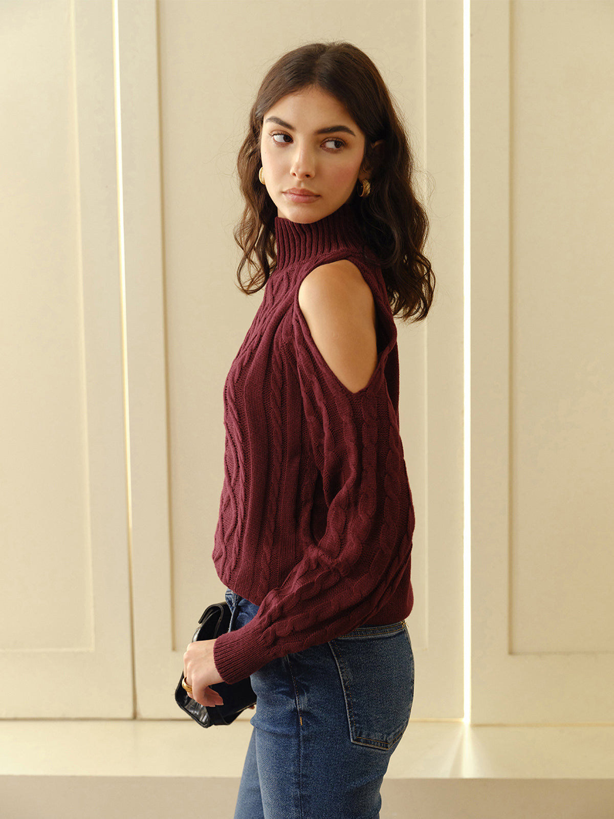 Damen Schulterfreier Karierter Pullover