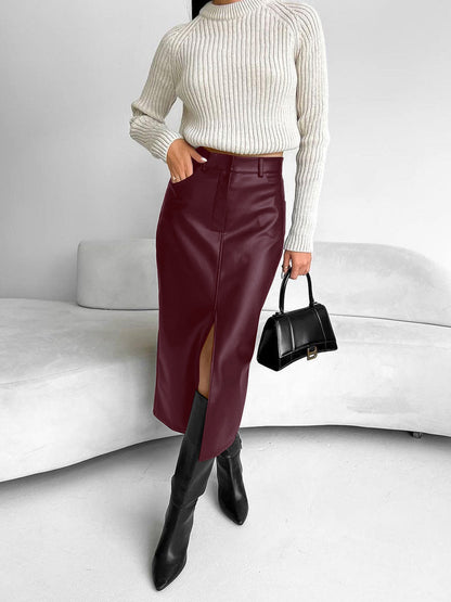 Damen Midi-Rock Eleganter Schlitz dunkelblau