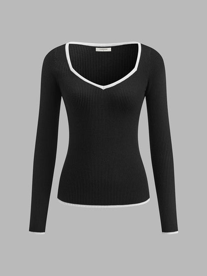 Damen Winterpullover Mit Kontrastbesatz V-Ausschnitt
