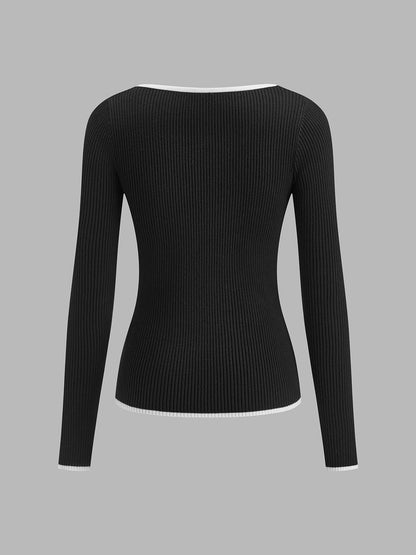 Damen Winterpullover Mit Kontrastbesatz V-Ausschnitt