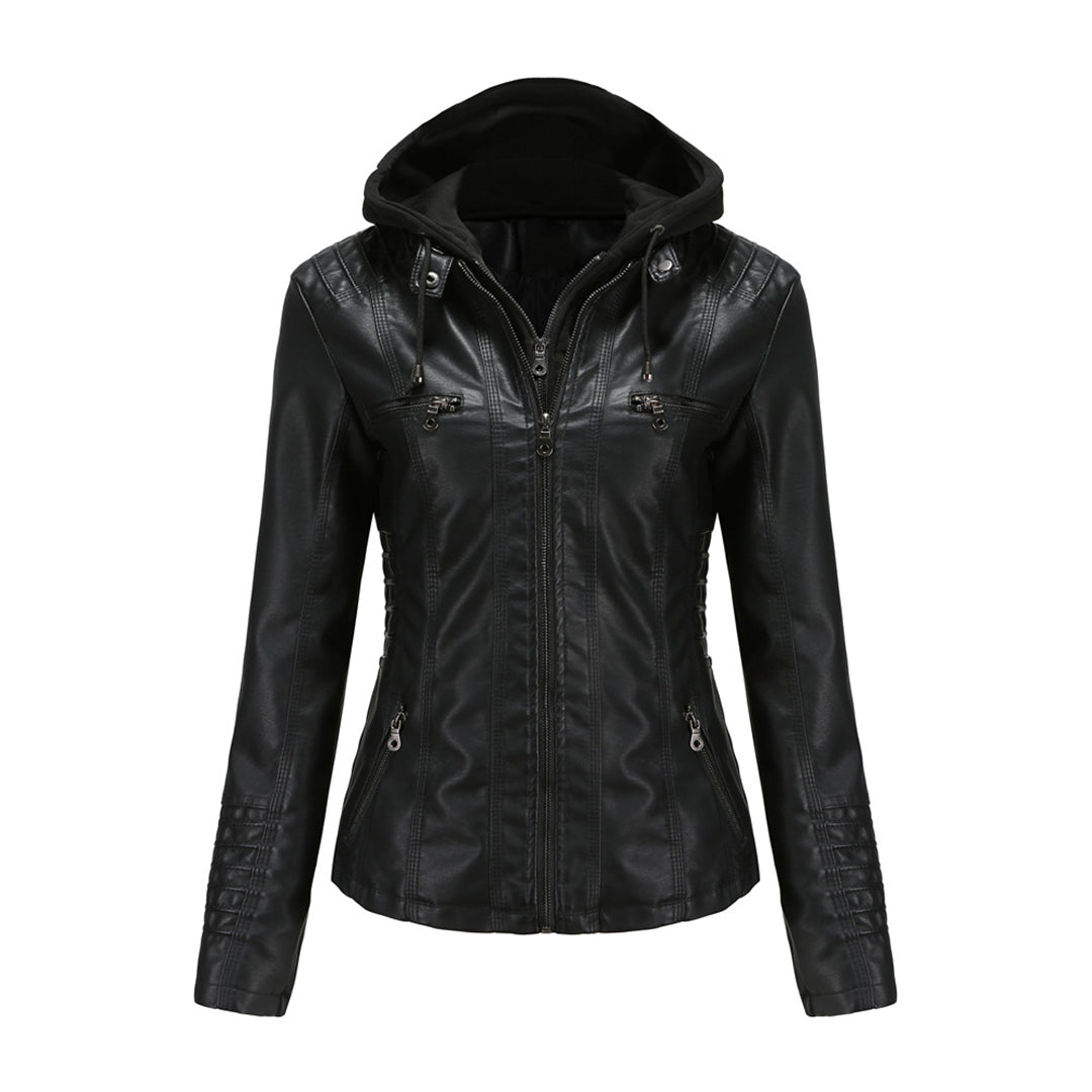 Damen Motorradjacke Kunstleder Mit Kapuze Schwarz - Eveloria