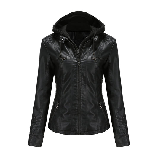 Damen Motorradjacke Kunstleder Mit Kapuze Schwarz - Eveloria