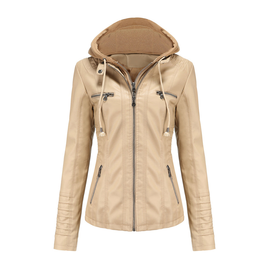Damen Motorradjacke Kunstleder Mit Kapuze