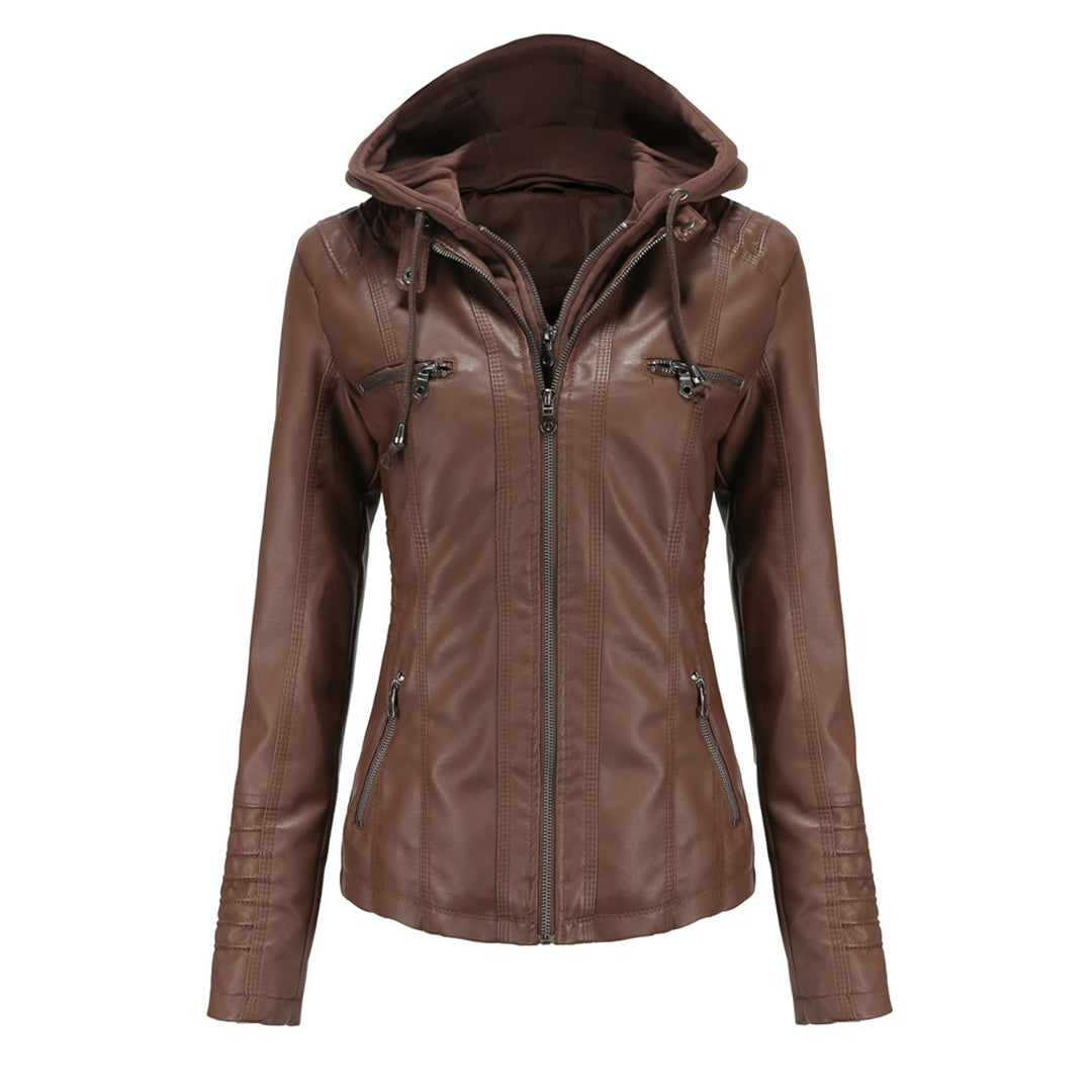 Damen Motorradjacke Kunstleder Mit Kapuze