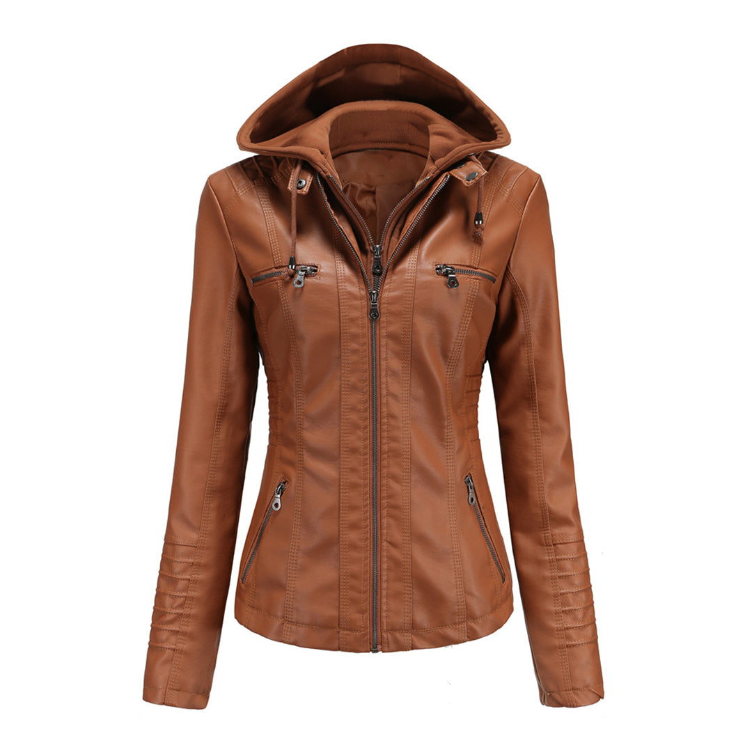 Damen Motorradjacke Kunstleder Mit Kapuze