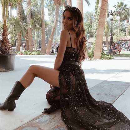 Eveloria Damen Maxi Kleid Netz Ärmellos