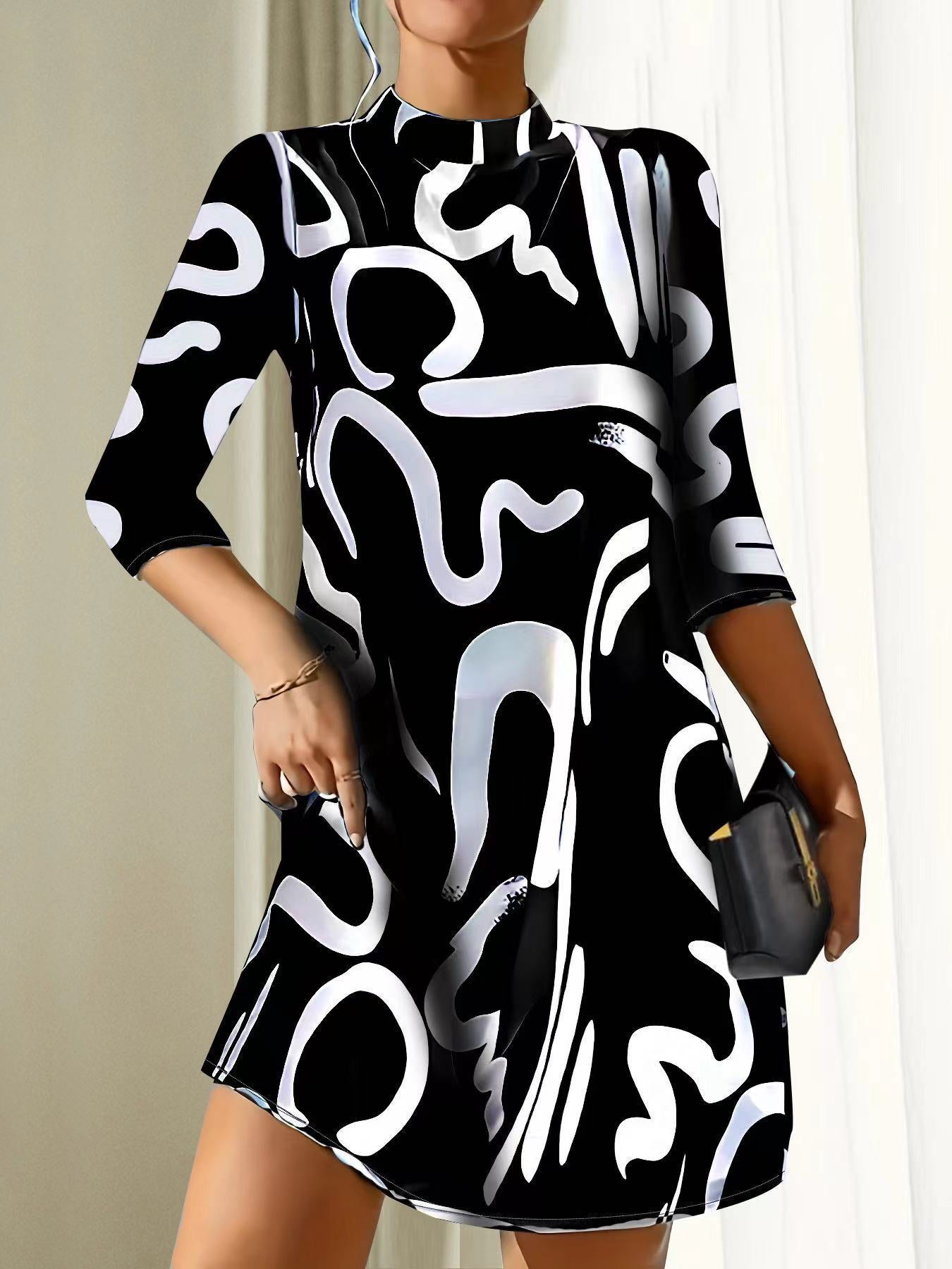 Damen Stehkragenkleid Lässig 3/4 Ärmel Locker Sitzend Schwarz - Eveloria