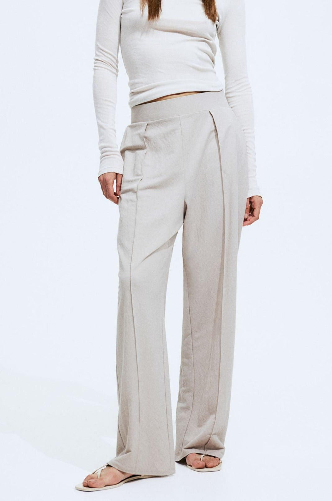 Damenhose Weit Schnitt Bundfalten Leicht Beige