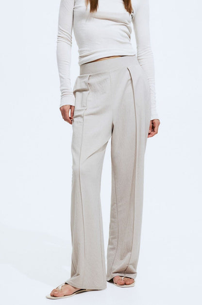 Damenhose Weit Schnitt Bundfalten Leicht Beige