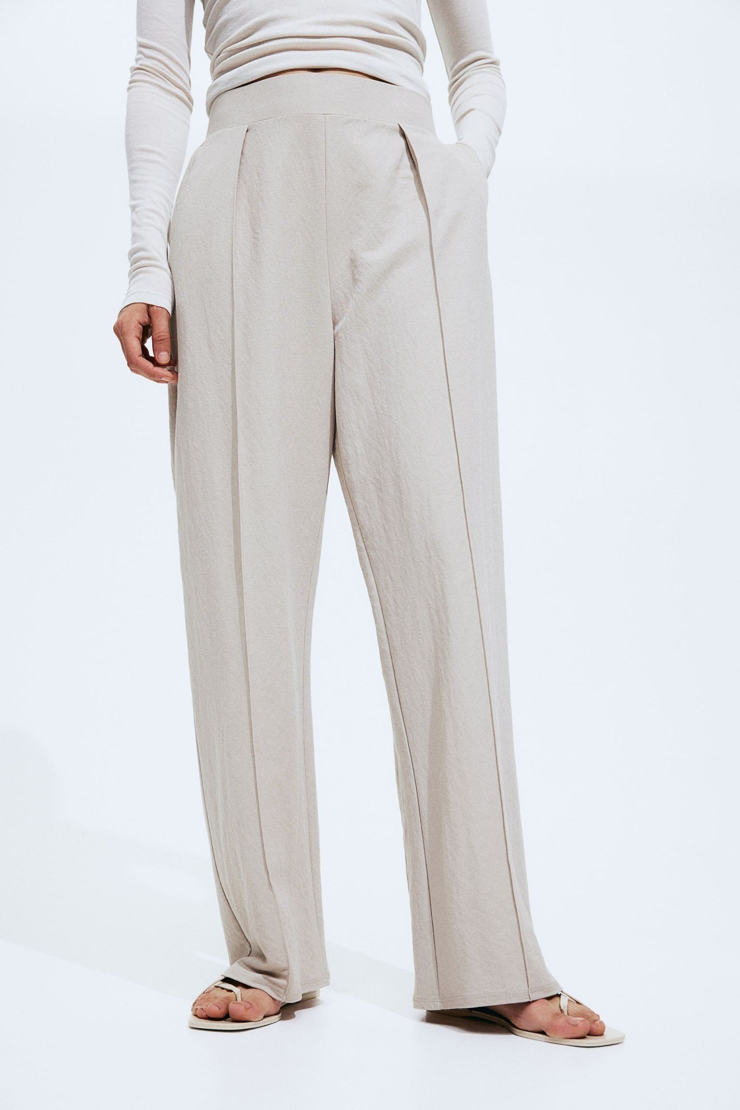Damenhose Weit Schnitt Bundfalten Leicht Beige