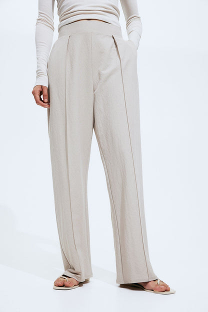 Damenhose Weit Schnitt Bundfalten Leicht Beige
