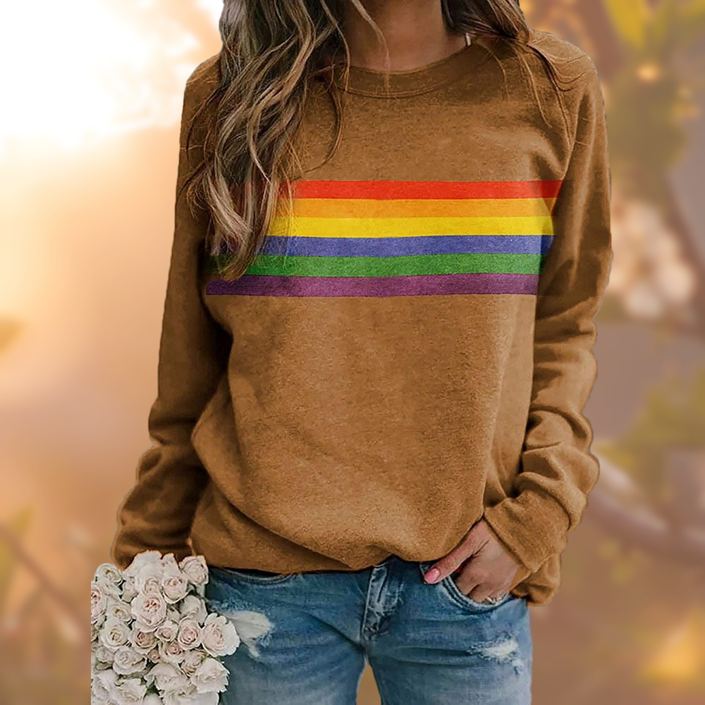 Damen Sweatshirt Rundhals Regenbogen Print Weiches Baumwollmaterial