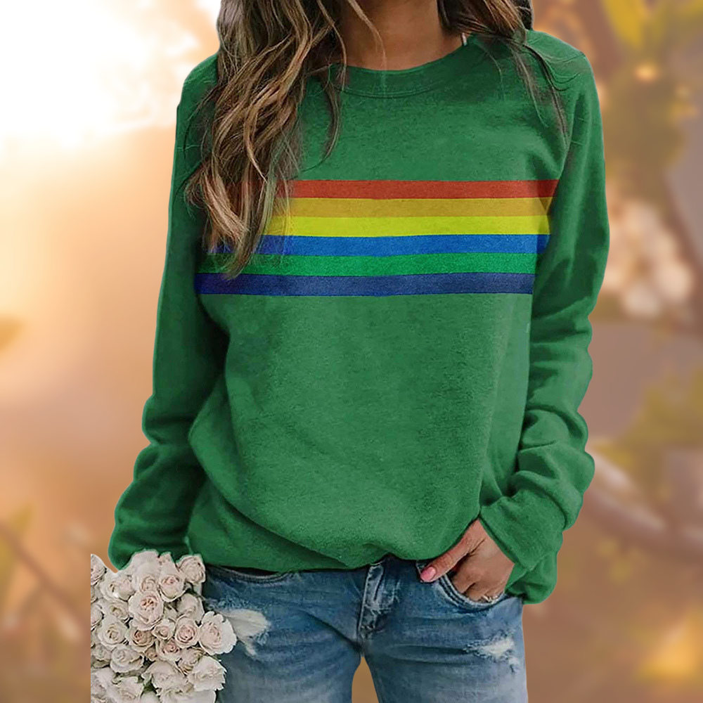 Damen Sweatshirt Rundhals Regenbogen Print Weiches Baumwollmaterial