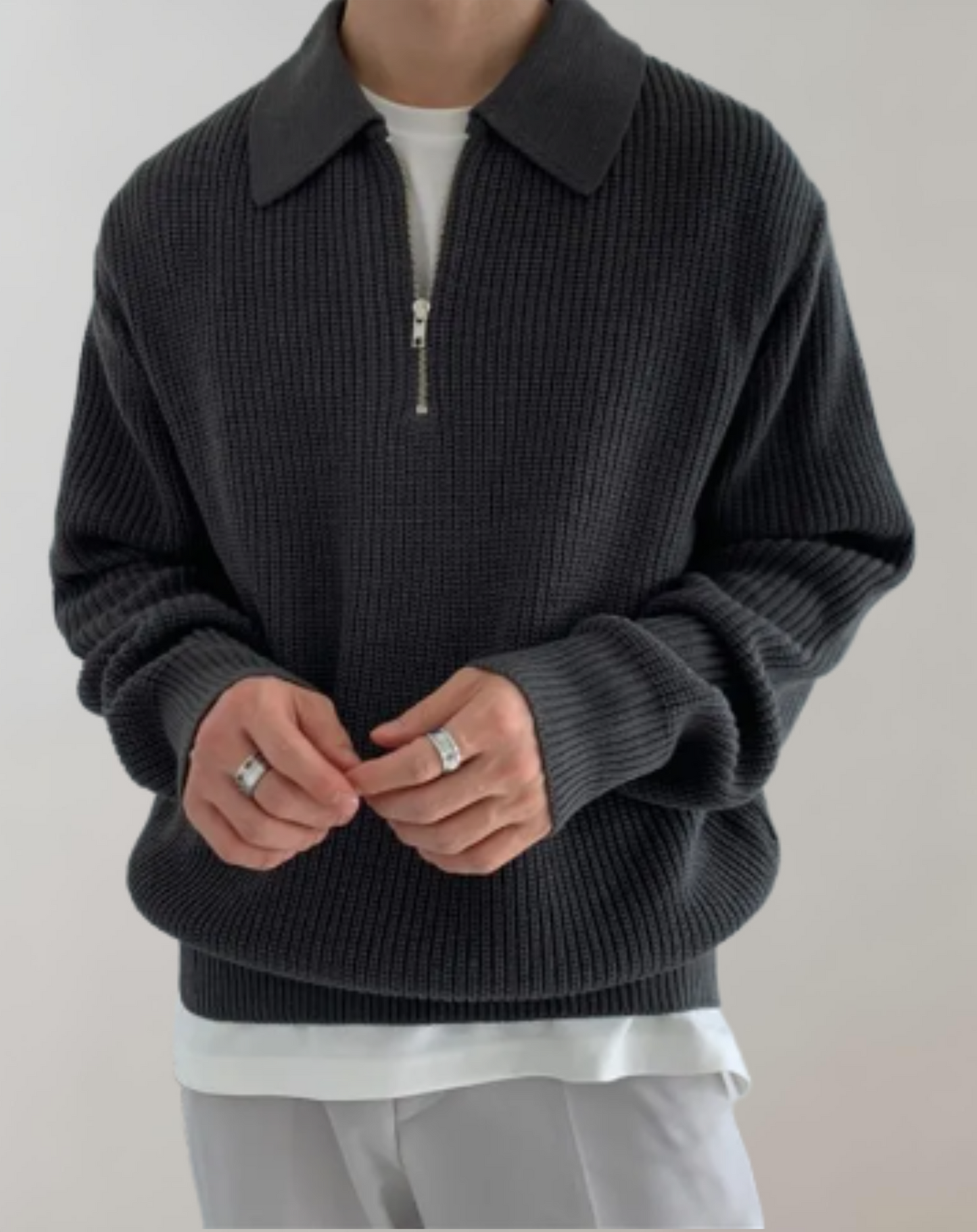 Herren Strickpullover Halbzipper Baumwolle Bequem Schwarz - Eveloria