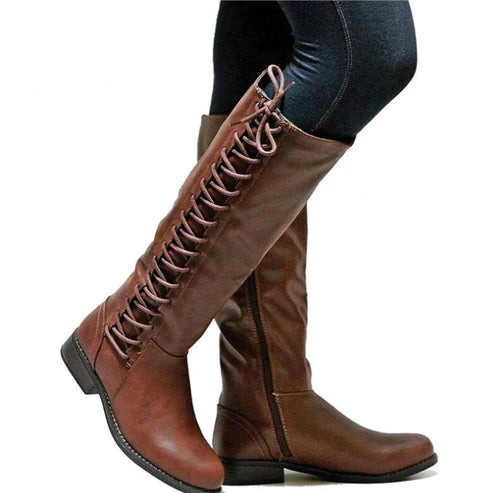 Damen Kniehohe Stiefel Kunstleder Schnürung Vorne Flach