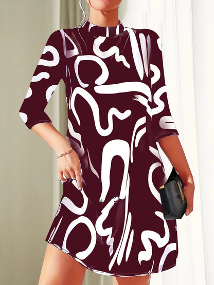Damen Stehkragenkleid Lässig 3/4 Ärmel Locker Sitzend