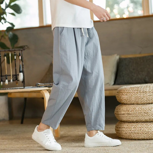 Herren Leinenhose Baggy Pants Kordelzug Beige - Eveloria