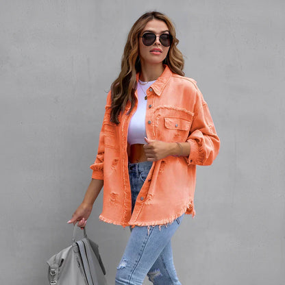 Eveloria Damen Zerrissenes Denim-Hemd mit Knöpfen Blau
