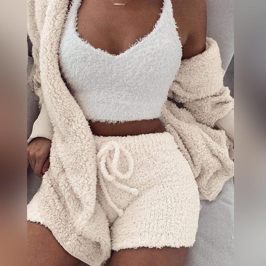 Damen Teddy Lounge Set Kapuzen-Cardigan und Shorts - Eveloria