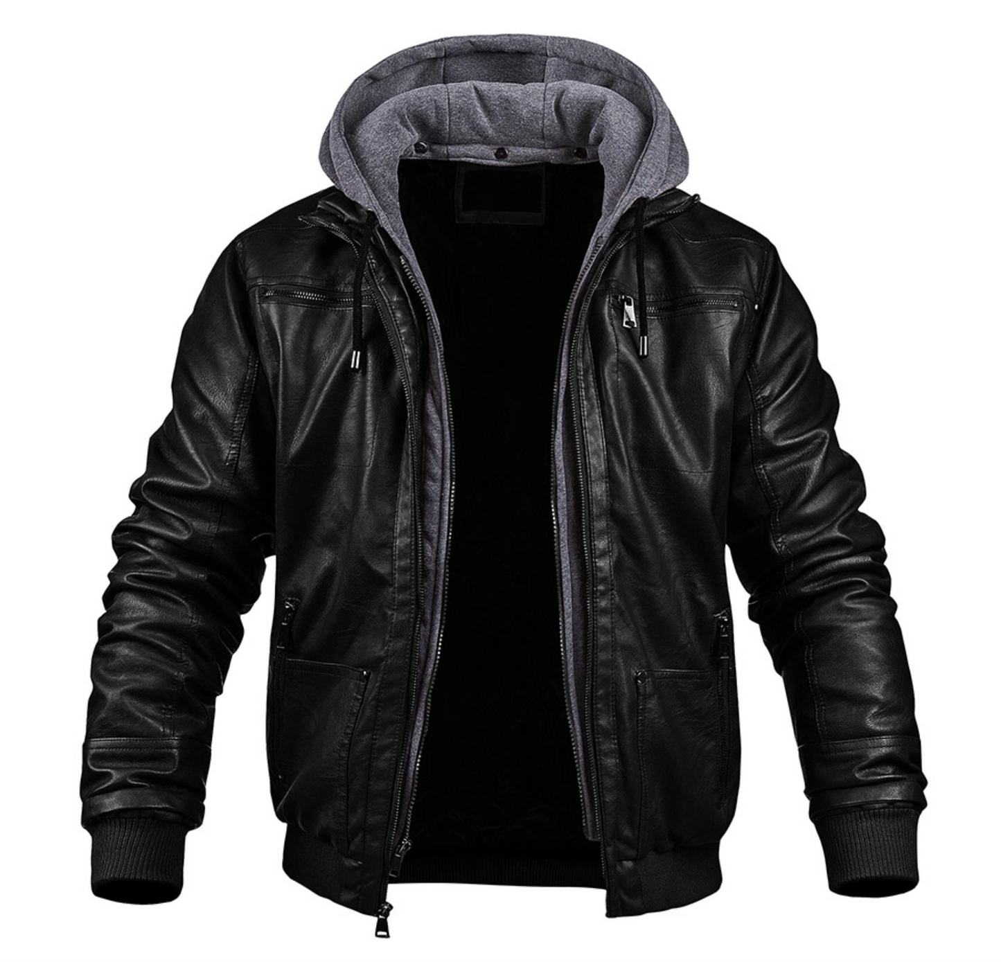 Herren Lederjacke mit Kapuze Reißverschluss Kunstleder Schwarz - Eveloria