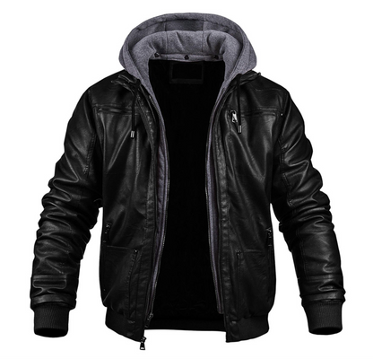 Herren Lederjacke mit Kapuze Reißverschluss Kunstleder Schwarz - Eveloria