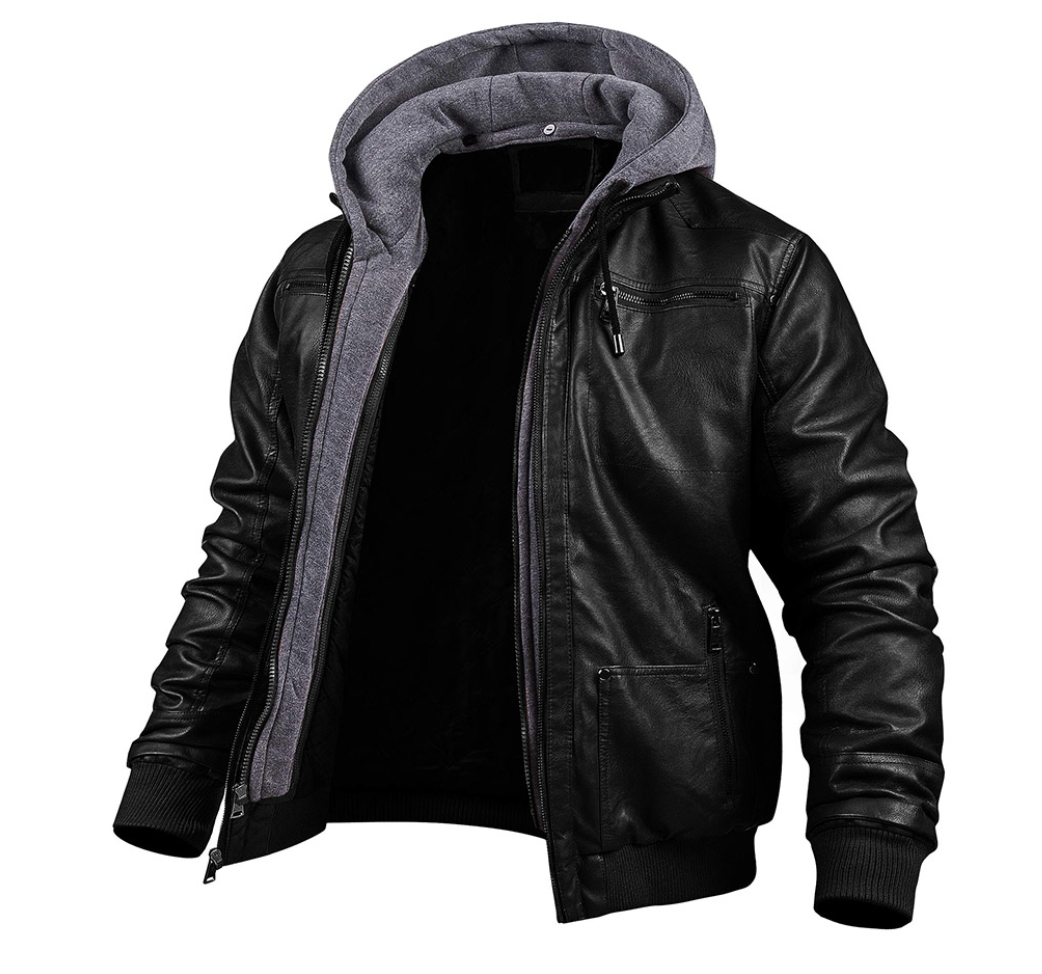 Herren Lederjacke mit Kapuze Reißverschluss Kunstleder