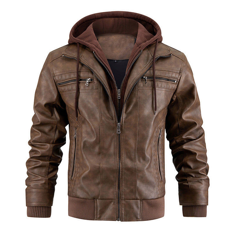 Herren Lederjacke mit Kapuze Reißverschluss Kunstleder