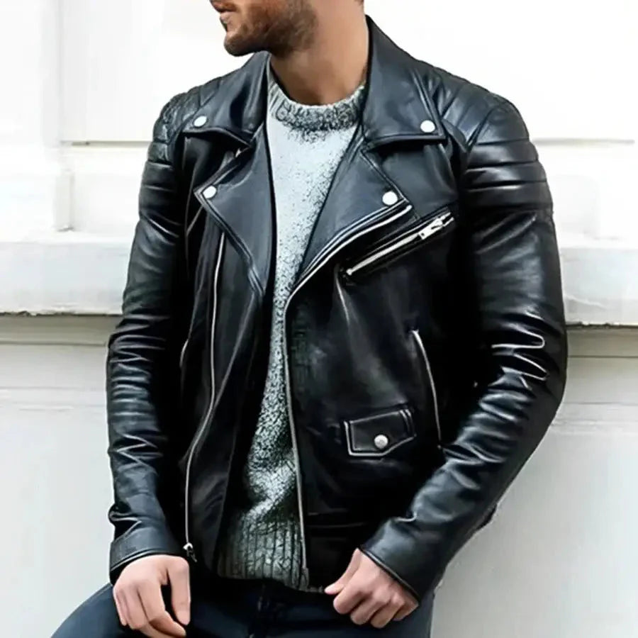 Bikerjacke | Herren-Motorradjacke aus Leder mit Reißverschluss und normaler Passform-Schwarz-S-Chaps Herrenmode