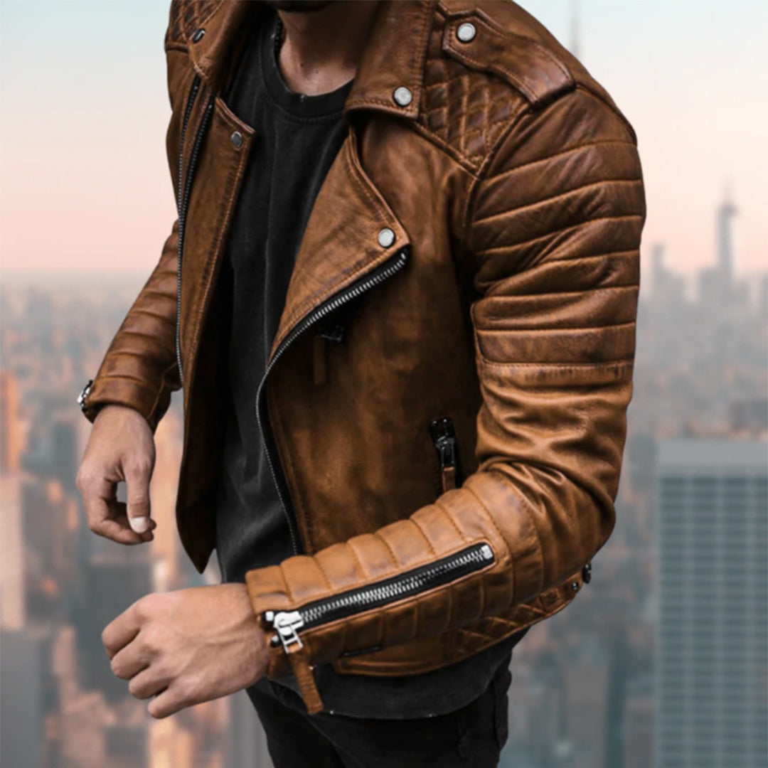 Bikerjacke | Kunstleder | Reißverschluss | Kunstlederjacke | Herrenlederjacke-Braun-S-Chaps Herrenmode